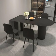 블랙 반원형 식탁 반원테이블 거실 반타원 원룸 반원, 130x80x75cm, 28mm + 블랙 스푼 가죽 의자 4개