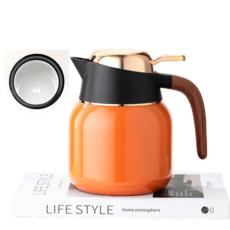 真空保溫茶壺，大容量不鏽鋼保溫瓶，家用辦公室兩用保溫壺，木柄設計，保溫保冷, 橙, 1個, 1000ml