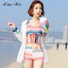 小薇的店 流行韓版新款皺摺衣擺遮肚設計三件式比基尼泳裝 L-XL 遮肉顯瘦, L