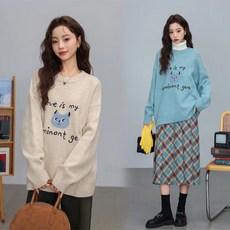 캐시미어 임부복 니트 추동복 고양이레터링 자수 니트 탑 박시