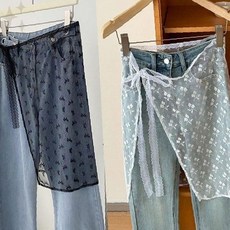 청바지 레이어드 레이스 앞치마 스커트 장식 나비 꽃무늬 자수 거즈 덧입기 패션, 1개, 나비_블랙