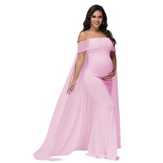 JustVH 여성용 임산부 메시 오프 숄더 시폰 맥시 사진 촬영 드레스 베이비 샤워 망토 의상 맥시 사진 가운 화이트. S