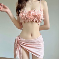 粉色花朵比基尼泳衣女分體泳裝含裹裙 溫泉度假