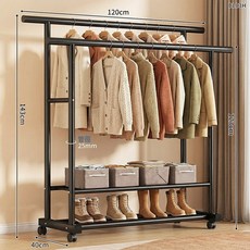 簡易晾衣架室內家用落地掛衣架臥室加粗可移動置物陽臺曬衣服架子, 雙杆-曜石黑120cm【巨粗25管徑】雙層置物-送萬向輪