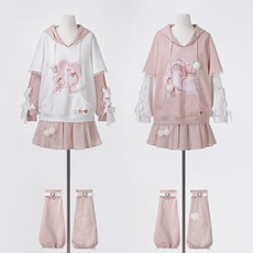 貓貓日誌 洛麗塔 原創 Lolita 上衣 半裙 日常 可愛 套裝 7399, 1個, 粉色上衣+半裙+白色心型腿套,S