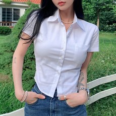 쪼예 여성 기본 슬림 반팔 크롭 셔츠