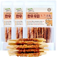 멍도락 한우우피스틱 100% 한우껌 오래먹는 강아지껌 국내산 수제간식, 한우우피 치킨스틱, 90g, 3개