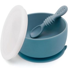 SAMiGO 실리콘 아기 그릇 및 스푼 세트 흡착 및 뚜껑 포함 1단계 셀프 수유 필수품 6개월 이상 음식 그릇, Ocean