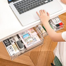 책상 아래 수납 서랍 2개 슬라이드 아웃 대형 및 중형 서랍에 붙이기 밑 정리함 홈 오피스 학교 정리 투명 흰색을 위해 블 아래에 숨겨져 있습니다, White Clear (Tape