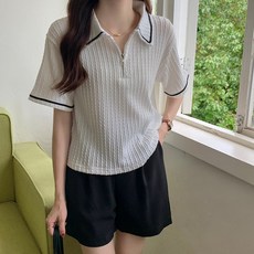 Yellwel여성 여름용 반팔 티셔츠 칼라넥 지퍼 디테일 니트 풀오버 상의 DJP