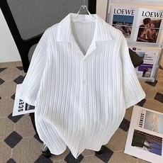 ROYALBELLE 남성 스트라이프 셔츠 오버핏 반팔 얇은 시원한 캐주얼 여름 데일리 오픈카라 셔츠 B0052803