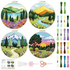BEUNITONE 초보자를 위한 Spring 난쟁이 자수 키트 DIY 스탬프 십자수 공예 4가지 사전 인쇄된 디자인 실 바늘 홈 데코용 원단을 포함한 완벽한 올인원 세, Natural Scenery