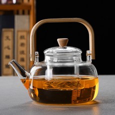 高硼硅玻璃煮茶養生壺 透明竹提樑設計, 1000ml