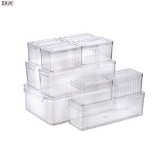 Z3JC 豎紋透明冰箱收納盒 水果蔬菜濾水籃組合家用廚房食品級pet保鮮盒, 1個, 十件套:如圖