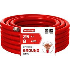 AWELTEC 4 게이지 와이어 25피트 적색 전력 접지 케이블 기본 자동차 배터리 케이블용 구리 클래드 알루미늄 오디오 앰프 배선 발전기 RV 호환, Red, 8 Gauge
