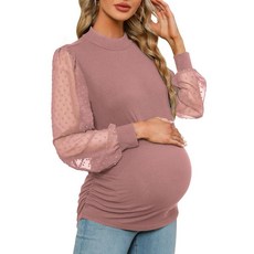 [ 855493 ] FMEYOA 여성용 임산부 셔츠 긴소매 탑 스위스 도트 모크넥 골지 니트 스트라이프 주름 장식 사이드 블라우스 핑크