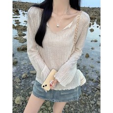 해피유통여름용 V넥 긴팔 티셔츠 여성용 루즈핏 레이스 포인트 가벼운 블라우스