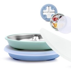 Bakpoco 뚜껑이 있는 스테인리스 스틸 유아용 흡착 플레이트 깊은 22.9cm(9인치) 분할 접시 아동용 탈착식 실리콘 슬리브 무독성 깨지지 않는 스낵 접시 3개 세트, Deeper 9" Round - 2 Packs, 뚜껑 포함 - 블루 & 세이지