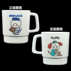 Mikko米科米扣 雙麵萌趣食品級水盃 漱口牛奶咖啡可愛卡通防燙兒童, 1個, M+S畵麵款1個（瓷白色水盃）