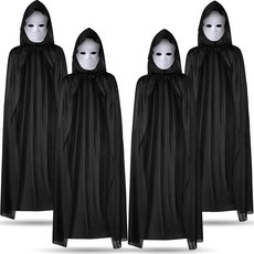 Velmitten 블랙 성인용 망토 마스크 세트 성인 블랙 망토 4개 후드 유니 및 화이트 풀 페이스 마스크 4개 보이지 않는 케이프 로브 할로윈 여성 남성 코스프레 코스튬 카