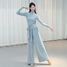 古典舞新款秋冬一整套舞蹈服現代舞日常可穿修身形體服新款練功服 琉璃藍-（上衣+褲子+披片） XL