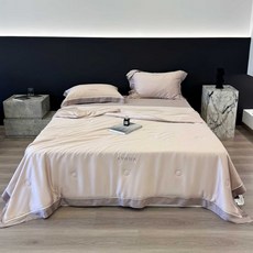 봄 여름 신선한 단색 시원한 란징 텐셀 여름 시원한 이불 4종 세트 자수 모서리 침대 커버 에어컨 이불 세탁 가능, 싱글 여름 이불 200*230cm, 텐셀-암만-누드 파우더