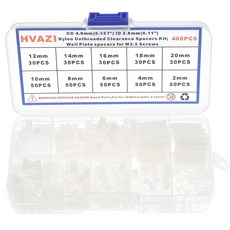 HVAZI 400PCS OD 40mm057 ID 28mm0 화이트 나일론 나사 없는 간격 스페이서 스탠드오프 키트 M25 나사용 벽판 원형 스트레이트 튜브 길이 2mm에서 20mm, OD 6.3mm ID 4.2mm