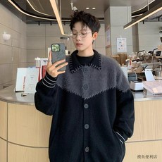 韓版撞色拼接開衫毛衣外套 秋冬情侶寬鬆翻領針織衫 (臺灣出貨)