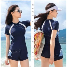 ［ 新品上新 ］ 新款 M-5XL 兩件式泳衣 女生短袖 保守 速乾 遊泳衣 沙灘 度假 海邊 玩水 泡湯泳裝, 黑+灰,XL