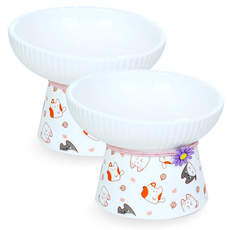 MONAGIO 寵物方塊貓陶瓷餐具2件套, 白色的, 1套