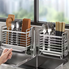 다기능 스테인리스 식기 보관함 주방용 물빠짐 젓가락 수저 거치대, 1개, 실버 2구
