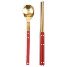 보겐 국산 New 쌍띠에 스텐 한식 수저 세트 골드, 카민레드, 1개, 숟가락+젓가락