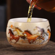 琺琅彩陶瓷茶杯八駿馬描金茶碗禮盒裝, 1個, 1L, 單杯1:如圖所示