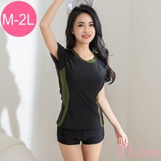 Daima黛瑪 女泳裝 兩件式附泳帽 M-2L 黑色 流線顯瘦簡約時尚T袖短袖泳裝 顯瘦 海邊 B221061, 黑色,2L