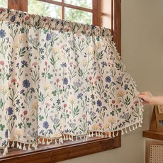 DFMEI 美式中東現代田園風咖啡簾流蘇小窗簾農舍短簾成品, 832麻布印花+掃把花邊