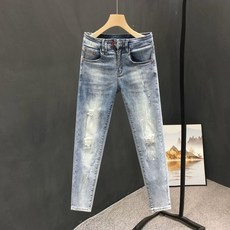 해피유통 남성 찢어진 청바지 트렌드 여름 얇은 스판 슬림 캐주얼 9부 팬츠jhy