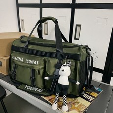 H嚴選好物 旅行大師健身包 乾濕分離袋 訓練包 短途出差 大容量 旅行包 收納行李袋, 軍綠色+掛件, 1個