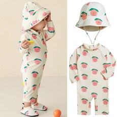 삐까부 자몽 우주복 래시가드 플랩캡 모자 세트 아기 수영복