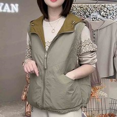 ROYALBELLE 여성 양면착용 배색 후드 집업 루즈핏 경량 캐주얼 포켓 조끼 K0013003