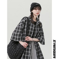 캐주얼셔츠 남녀공용 여름 반팔 상의 데일리룩 스트릿 패션 체크셔츠 커플룩