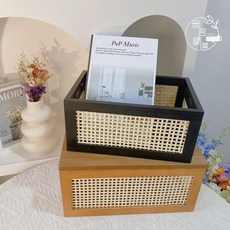 木質長方形編織收納籃，附蓋可選，台灣現貨，桌面雜物零食書刊收納儲物盒, 1個, (小)黑色/無蓋30*20*14cm