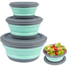 접이식 실리콘 볼 캠핑 세트 3개 묶음 휴대용 도시락 박스 피크닉 샐러드 뚜껑 포함 주방 야외 300ml + 600ml 900ml 그린, 초록색