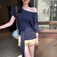 스트랩 허리 조임 일자 네크라인 반소매 티셔츠 여성 여름 디자인 상의