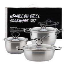 [키친플래그] 스테인레스 304 냄비 3개 세트 (16편수+20양수+24양수), 스테인리스, 1세트, 16편수+20양수+24양수