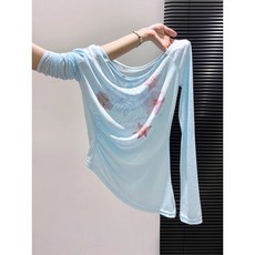 해피유통 여성 플라워 프린팅 긴팔 티셔츠 드레이프넥 슬림핏 셔링 상의