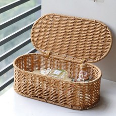 달빛마켓 볼튼 타원형 뚜껑 라탄바구니 바스켓, S, 1개