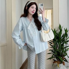임산부 긴팔 티셔츠 봄 가을 임부복 캐주얼 기질 긴팔티 패션 패치 레이스 리본 셔츠 상의 YHY