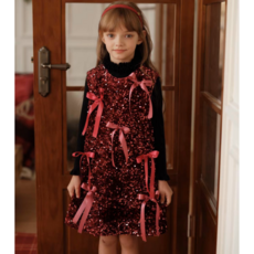 하와즈 리본 장식 스팽글 민소매 원피스 명절 생일 파티 레드 원피스