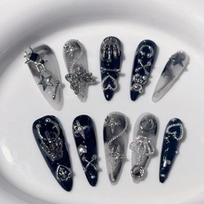 도쿄네일 10p 블랙 실버 여자 아이돌st 네일팁 쇠맛느낌 수제 네일팁 탈착식 재사용 가능 MZ 요즘 유행 네일, 1개, s사이즈