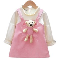 萱寶媽咪baby童裝館 韓版兒童薄款長袖連身裙 女童假兩件公主裙 兒童可愛玩偶口袋連衣裙 泡袖造型連身裙